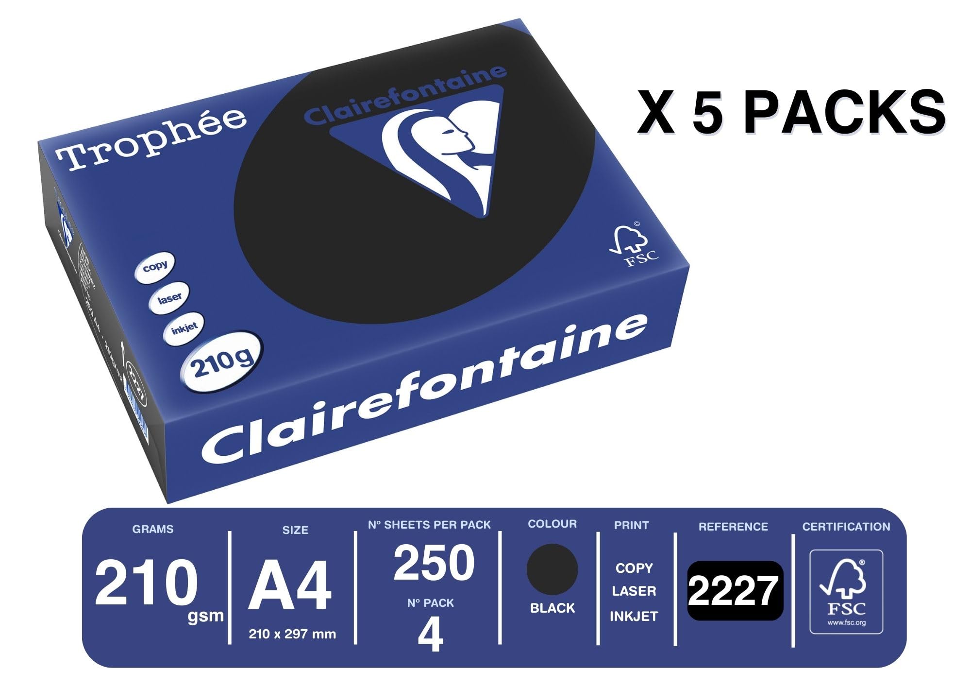 Clairefontaine - Réf. 2227C – 1000 feuilles de papier couleur au format A4 - Trophée 210 g/m² – Carton contenant 4 ramettes de 250 feuilles – Couleur noir
