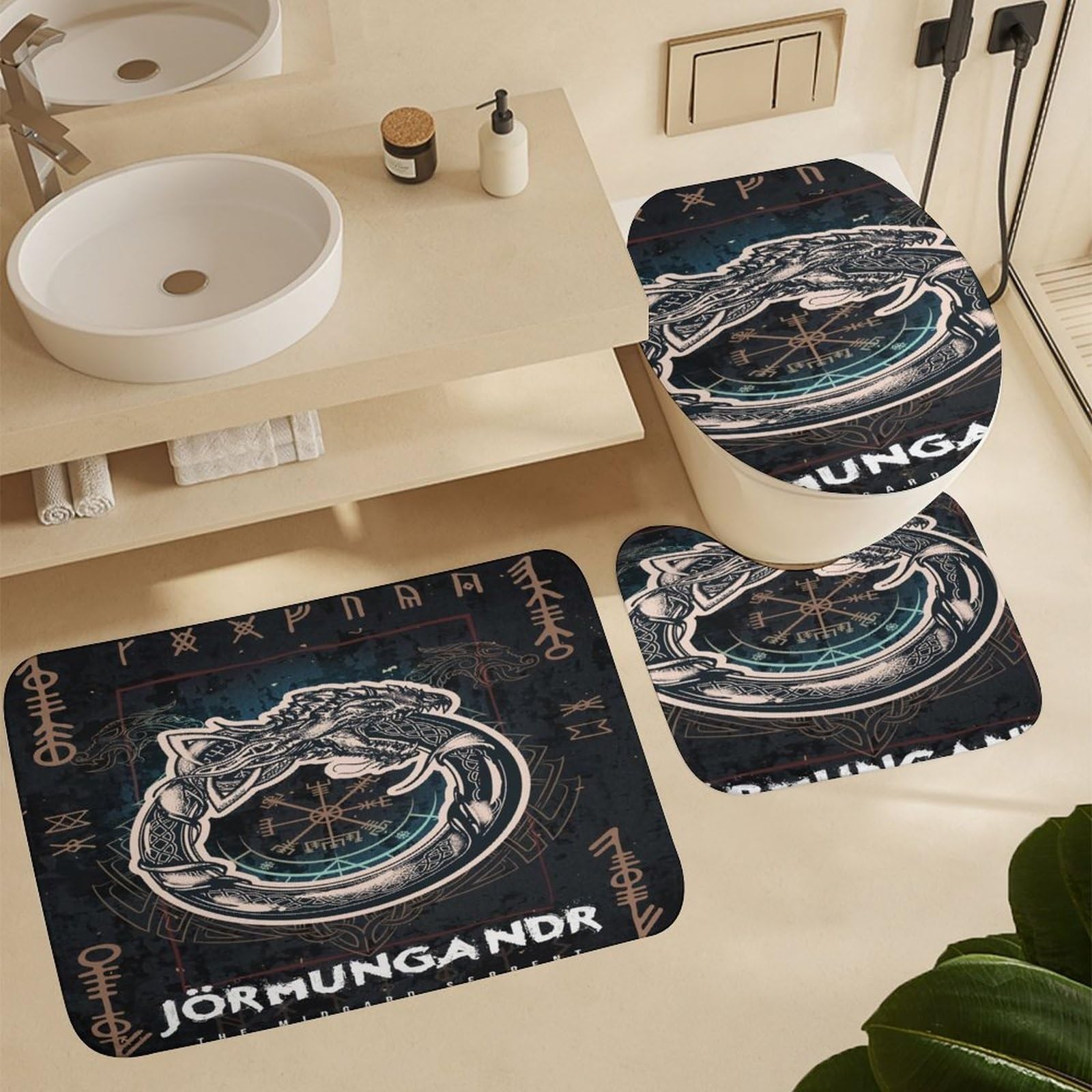 LDZDGD 4PCS Norse Viking Shower Curtain Set, Celtic Pagan Bathroom Art Decor, Waterproof Shower Curtain, Non-Slip Rugs, Toilet Lid Cover and Bath Mat (Color : Valkyrie, Size : 183 x 183CM): Jormungandr 28.3"W x 28.3"L (Pack of 1)
