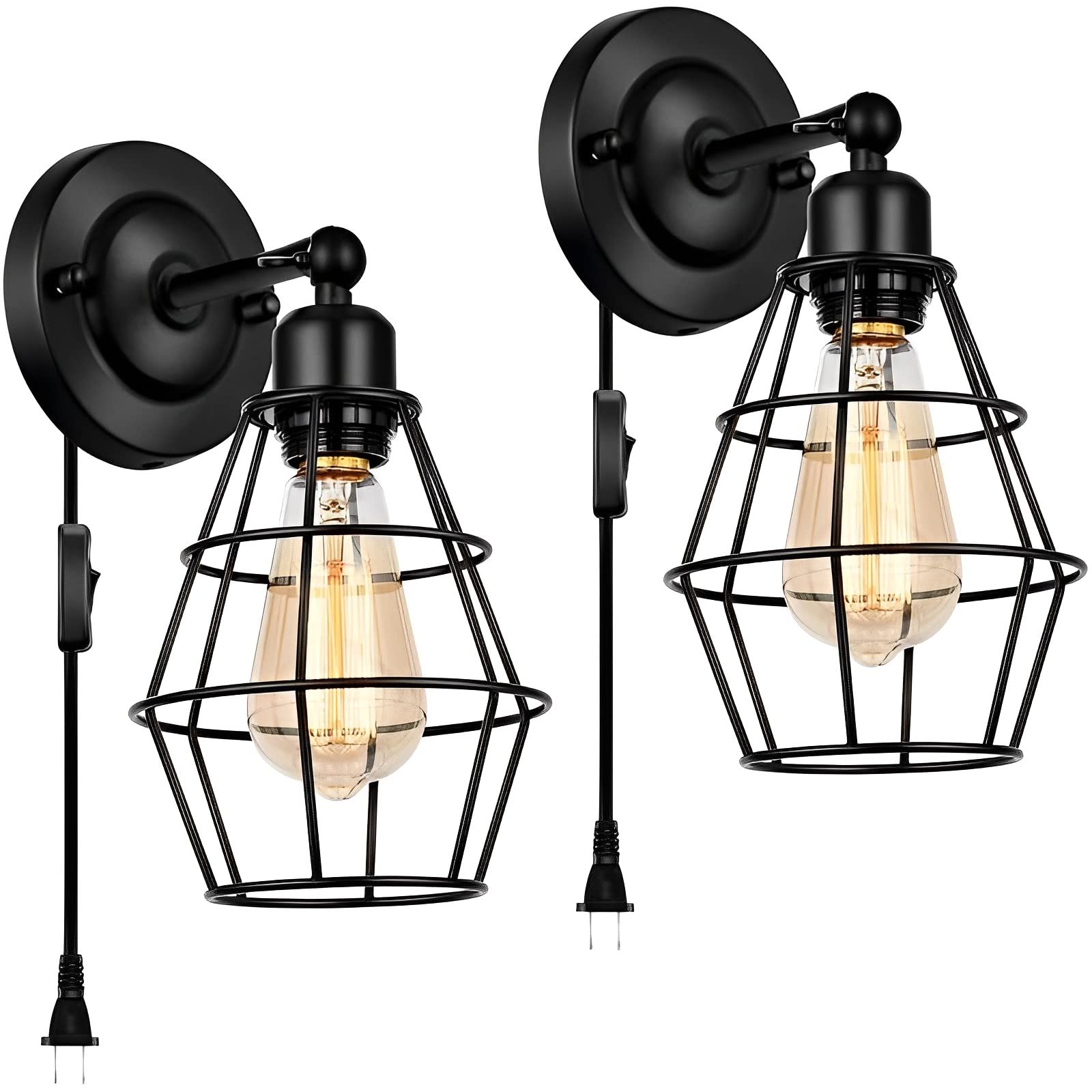 MESOVFCA Plug in Wall Sconce Set of 2, Black Industrial Vintage Cage Wall Light Fixture with on Off Switch, Wall Lamp with Plug in Cord for Bedroom Farmhouse Hallway