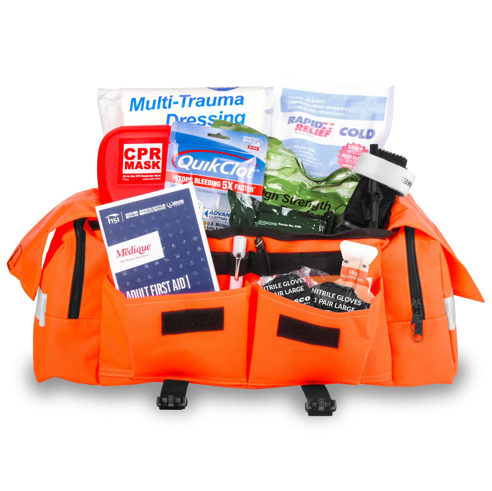 MFASCO Professional First Responder Kit - Emergency First Aid Bleeding Kit Combo, Includes Tourniquet & Clotting Bandage, Orange EMT Bag, Adjustable Shoulder Straps, 275+ Pieces, 13 x 9 x 6 Inches