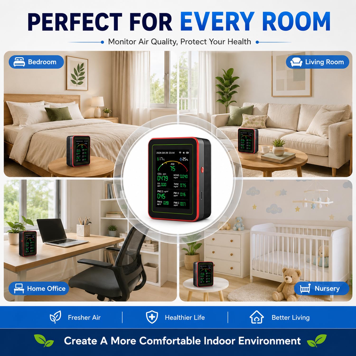WLAN Luftqualitätsmonitor CO₂ TVOC HCHO PM2.5 PM10 Temperatur Feuchtigkeit Farbdisplay