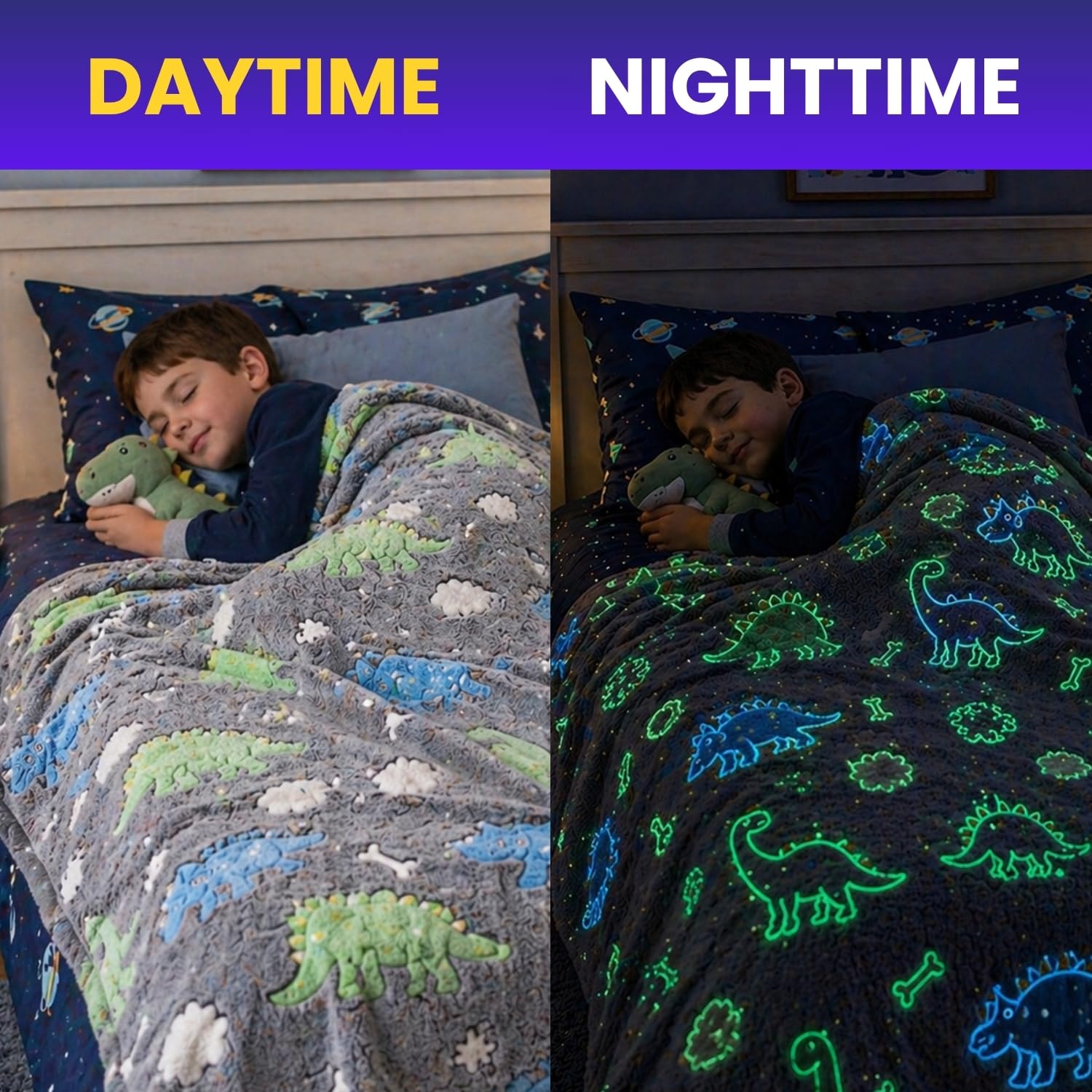 Toy Imagine Glow Blanket for Kids 3β10 Years 150 x 120 cm Glow in The Dark Blanket Soft Flannel Fleece Throw Soft Cozy Warm All Season Blankets for Boys and Girls Gift (Dinosour Design Grey) 1