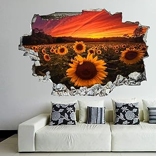 Sunrises and Sunsets Sunflowers Fields Wall Decal Landscape 3D Break Through Wall Sticker Removable PVC Funny Wall Art Decal Christmas Home Decor Vinyl Mural for Boy Kids Room Living Room