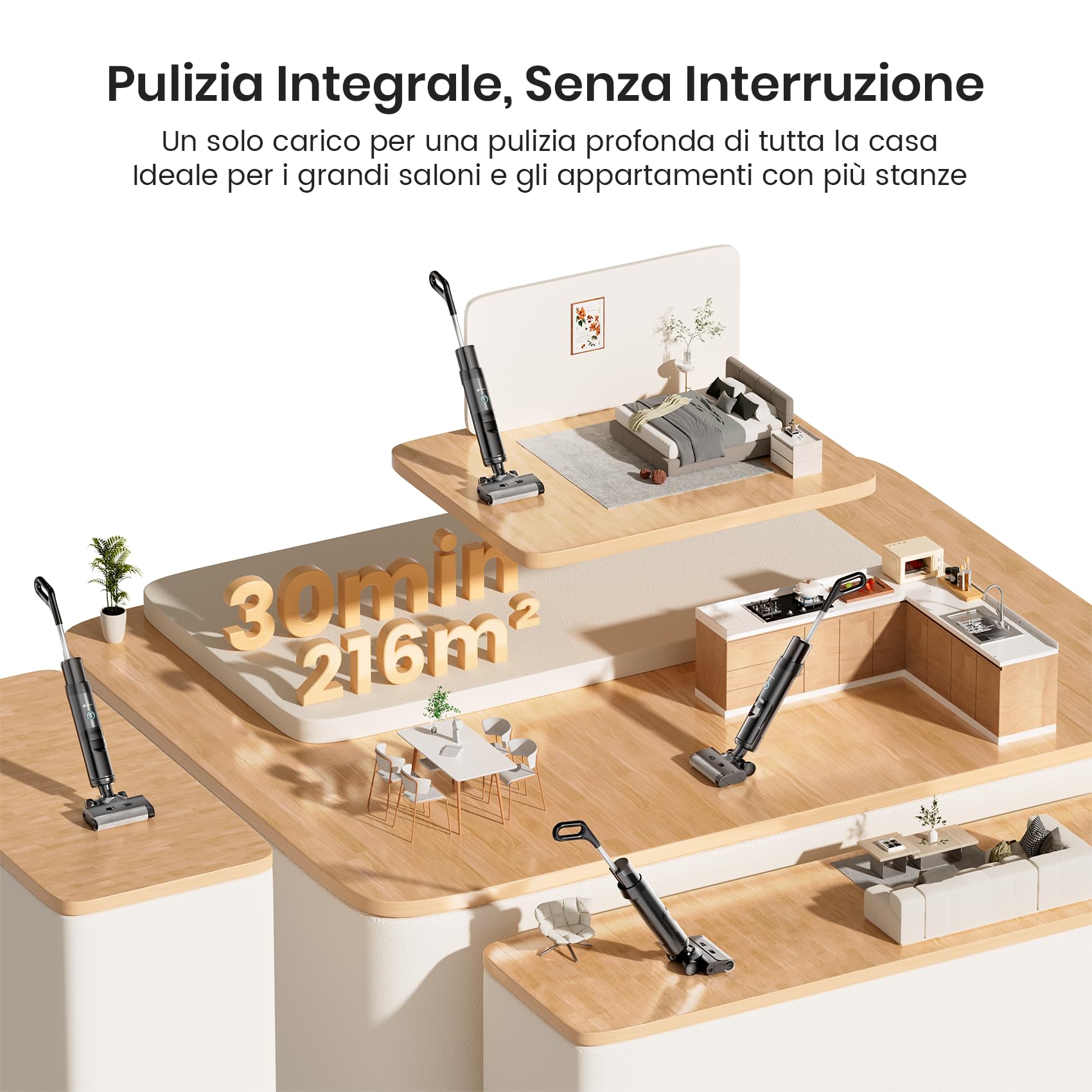 LEFANT LS200 Aspirapolvere Lavapavimenti Senza Fili, 16.000 Pa, Pulizia 3-in-1 Spazza Aspira Lava Pavimenti Duri, Bordo 5 mm, Autopulente, 30 Min Autonomia 210㎡, Scopa Elettrica Leggera e Maneggevole