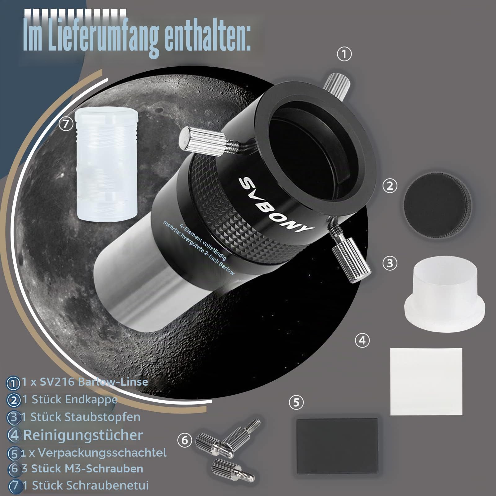 Svbony SV216 Barlowlinse 2X, 1,25 Zoll Metall Barlow 4-Elemente Apochromatisches FMC Teleskoplinse für Planetenfotografie und Beobachtung