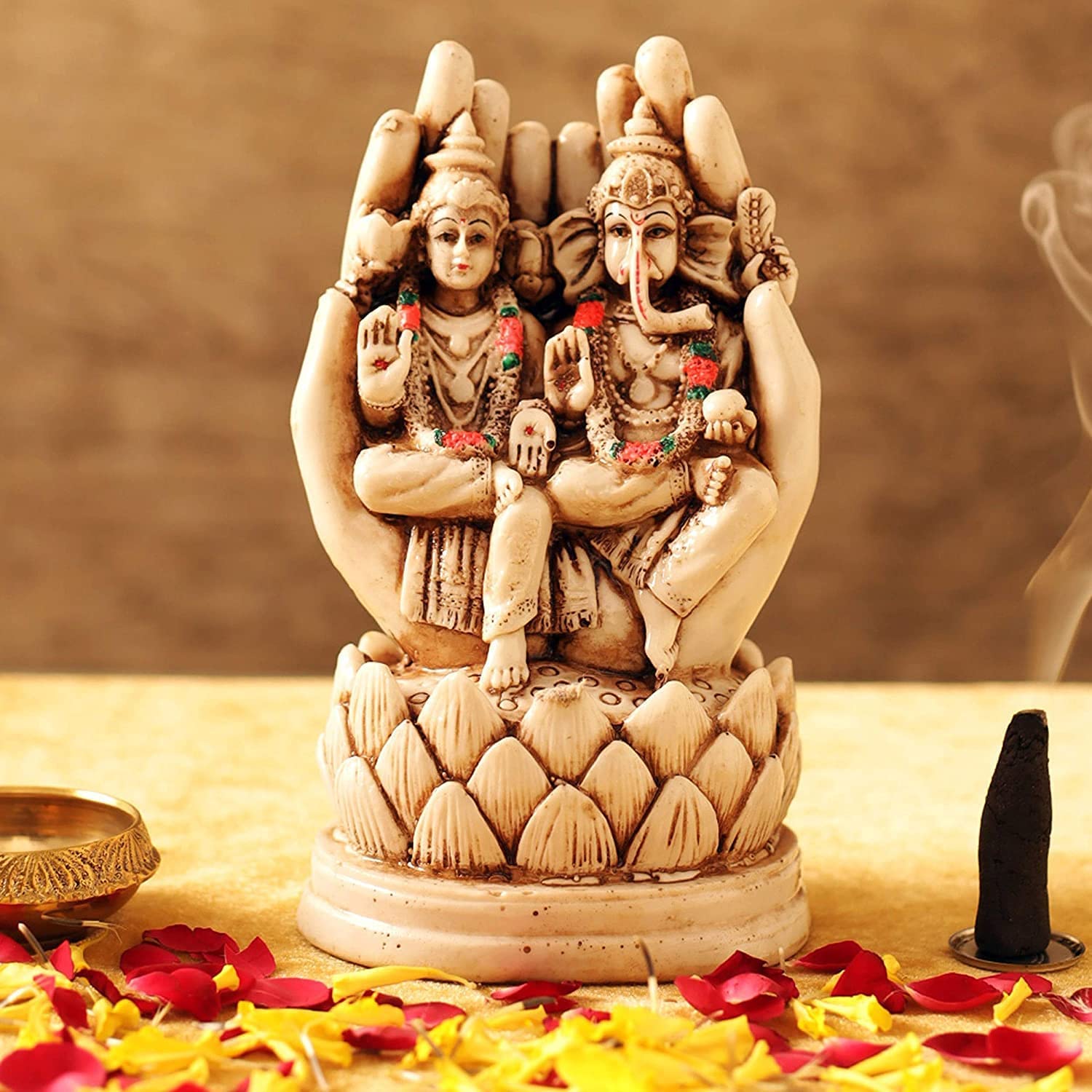 Polyresin Lakshmi Ganesh Idol for Home Decor Mandir Table Desktop Table Decoration, Multicolour, 15 cm X 9 cm