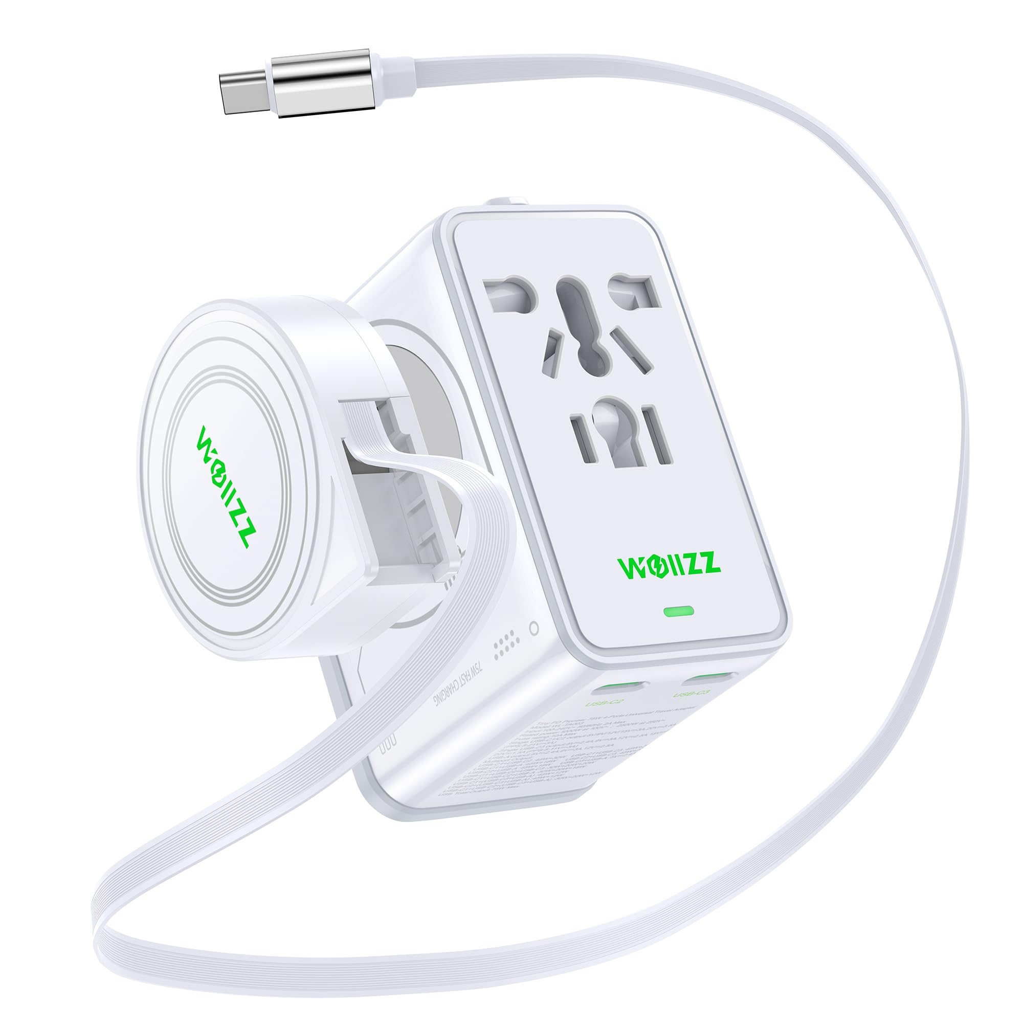 Europe Travel Adapter with Retractable Cable, 75W GaN Fast Charging, 3 USB-C Ports, Universal Plug Adapter with USB-A & AC Outlet, International Adapter for UK US AU, Travel Essentials White