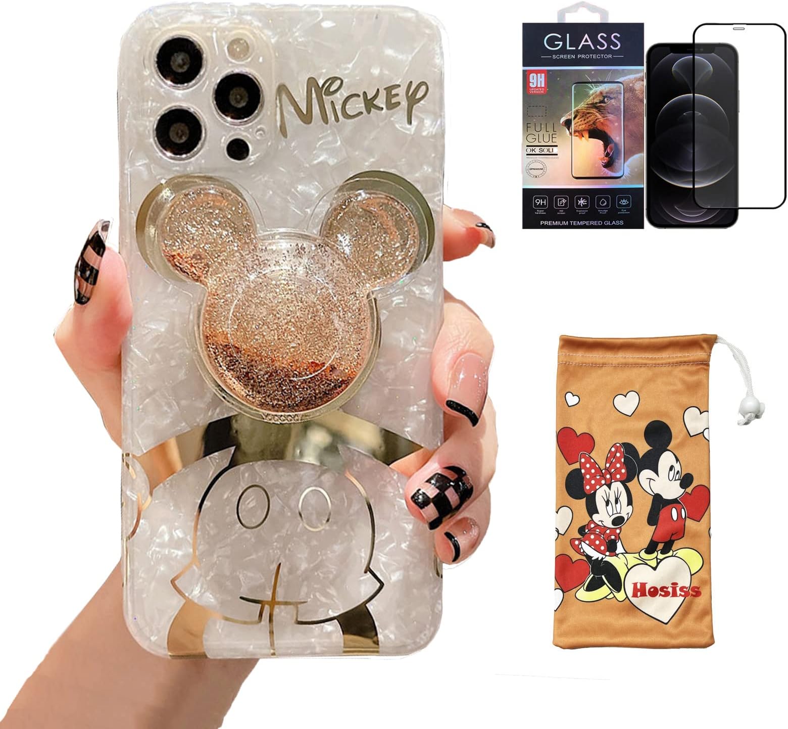 Cartoon Case for iPhone 14 Pro Max 6.7" with HD Screen Protector, Mickey Mouse with Quicksand Cell Phone Holder Strap Soft TPU Shockproof Protective for Girls Women