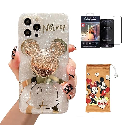 Hosiss Cartoon Case for iPhone 13 Pro Max 6.7'' with HD Screen Protector, Mickey Mouse with Quicksand Cell Phone Holder Strap Soft TPU Shockproof Protective for Girls Women
