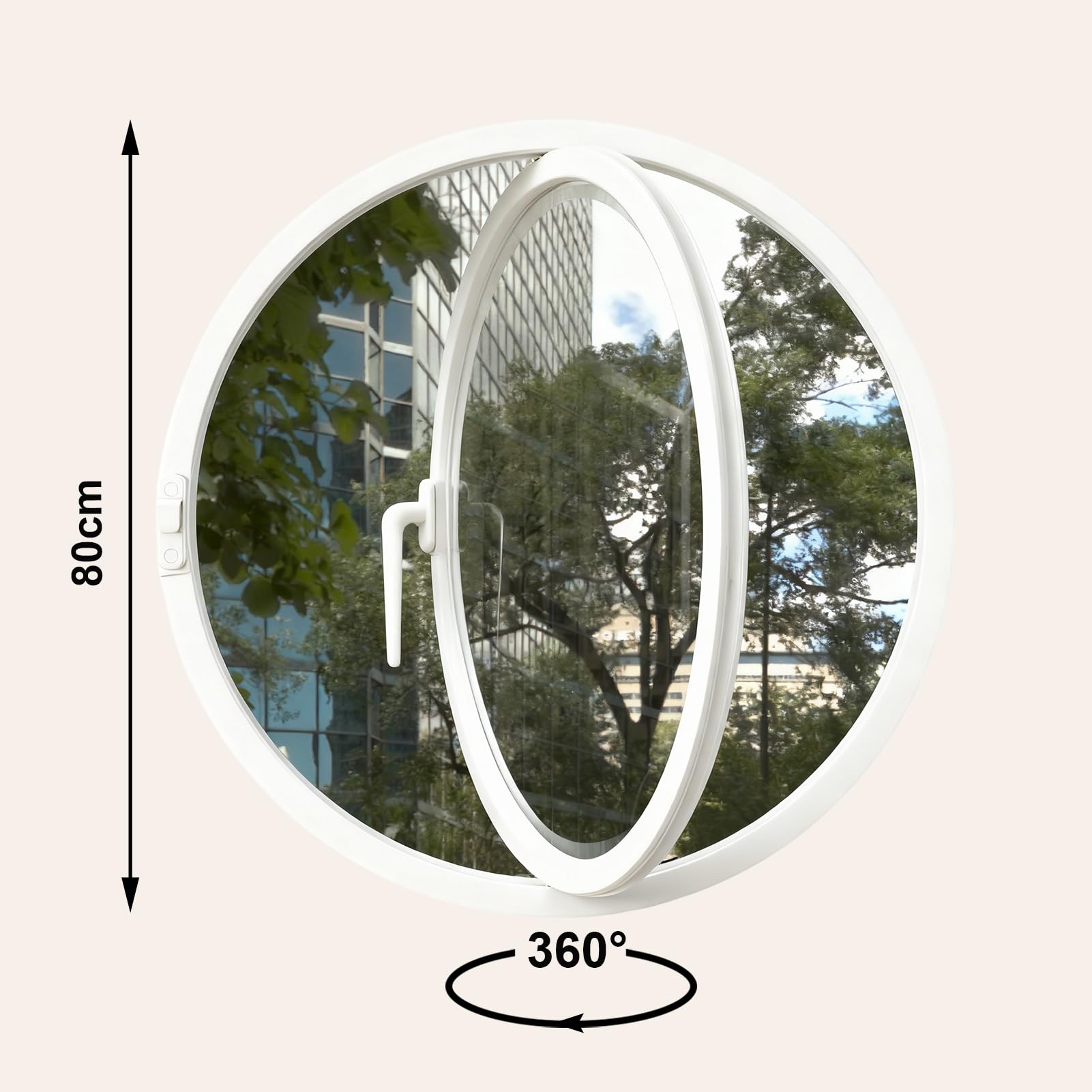 Fenêtre ronde rotative à 360°, 80 cm fenetre ronde hublot blanche, fenêtre à battant décorative en verre pour grenier chambre cuisine intérieur cloison de séparation bureau café fenêtre extérieure