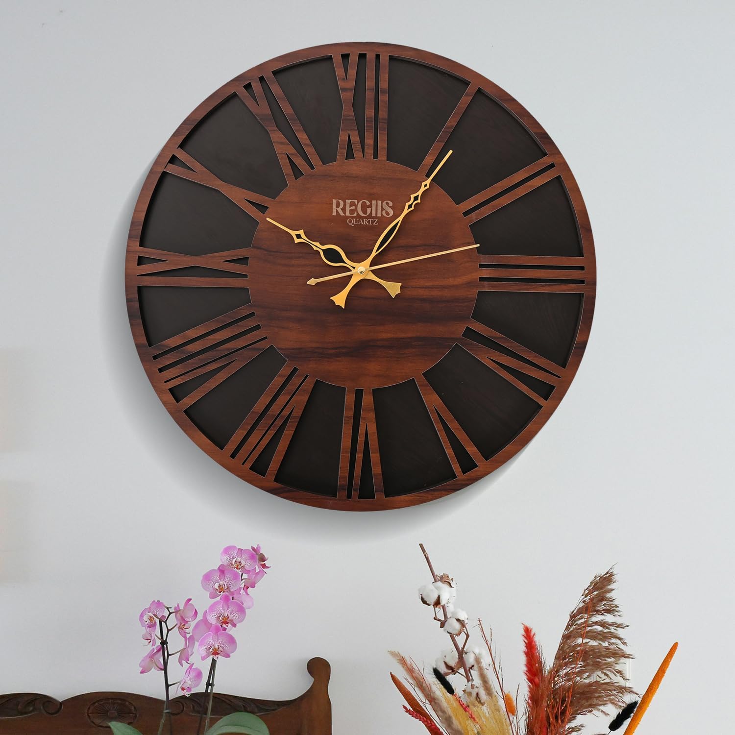 Engineered Wood Round Shape Roman Dial Wall Clock with Silent Quartz Movement | Decorative Wooden Anti Reflection Analog Vintage Clock for Office and Home (Ivory, 15.5 Inch)