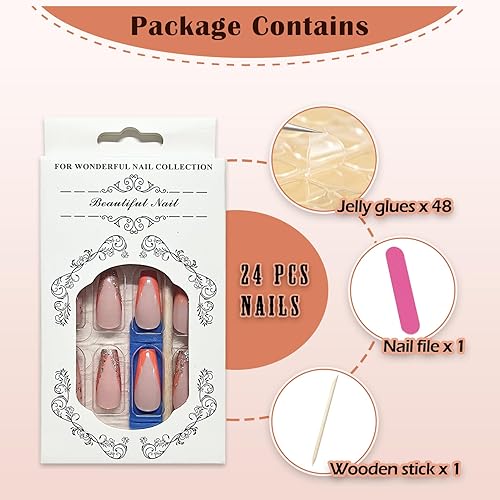 Miniatura 4 de Uñas postizas de punta francesa a presión de ataúd medianas, color rosa nude, degradado, brillantina, diseños de acrílico, pegamento en las uñas