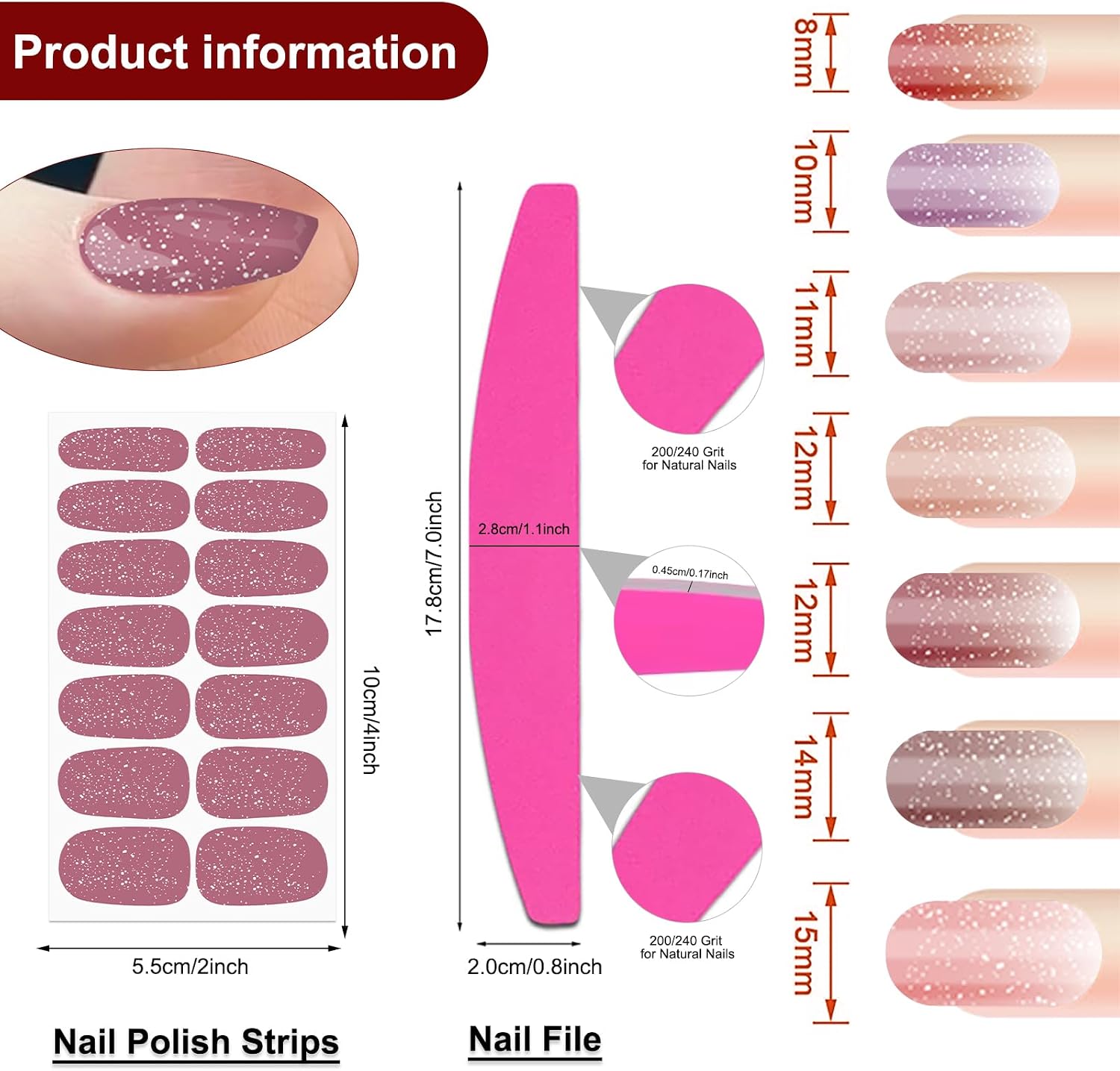 Nail Polish Strips (24 Sheets, Gradient Glitter), Nail Polish Stickers Full Nail Wraps Self Adhesive Nail Stickers Gel Strips Fingernail Sticker Nails for Women with File