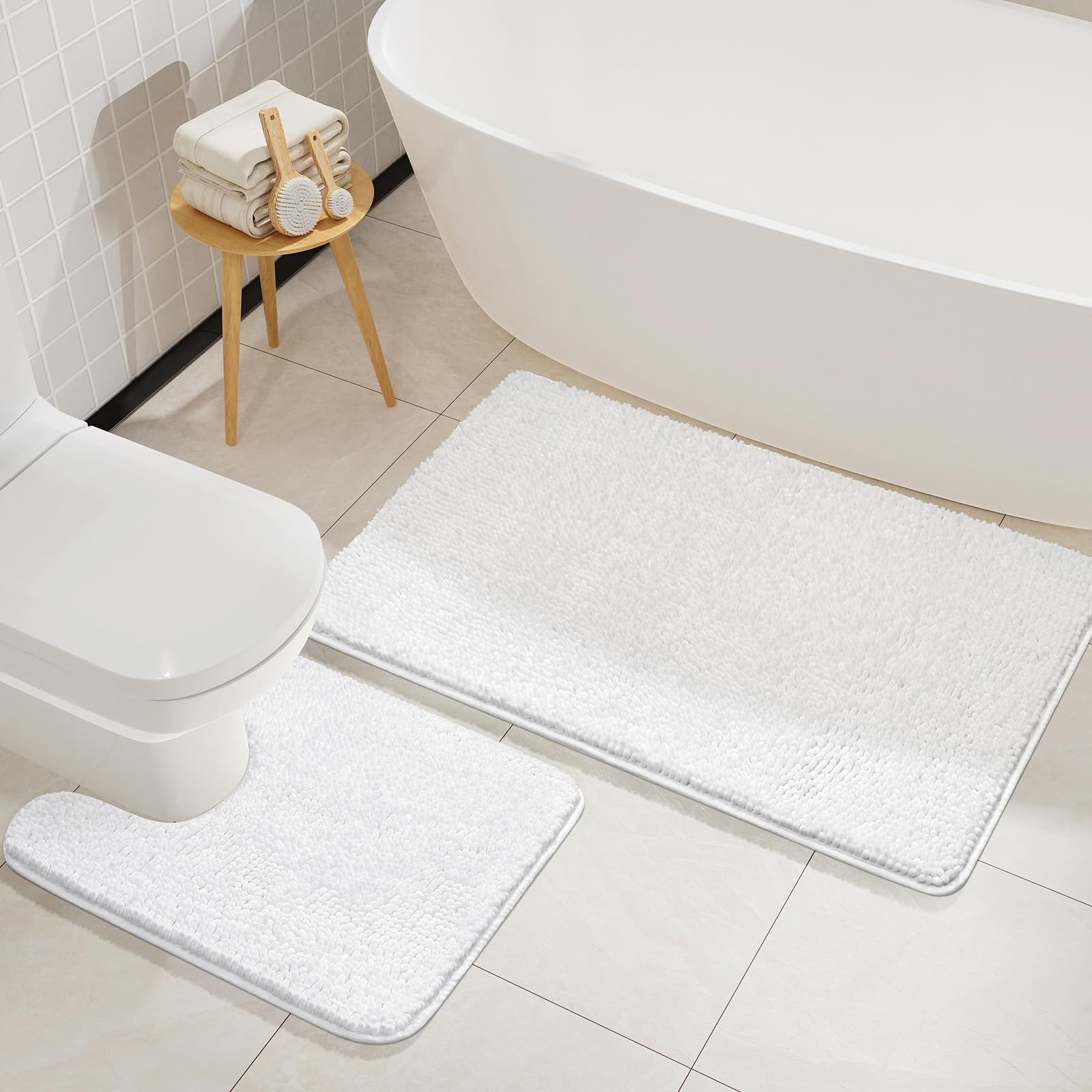 LOCHAS Bathroom Rugs Sets 2 Piece, Soft Non Slip Bath Mat Set, 20''x20'' U-Shaped Toilet Rug and 34''x21'' White Bath Rugs, Washable Absorbent