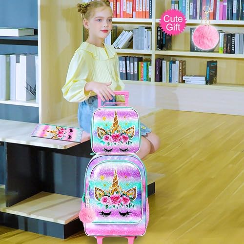 Miniatura 2 de CCJPX Mochila escolar con ruedas de unicornio de 3 piezas para niñas, juego de mochila escolar con ruedas enrollables de 18 pulgadas, bolsa escolar