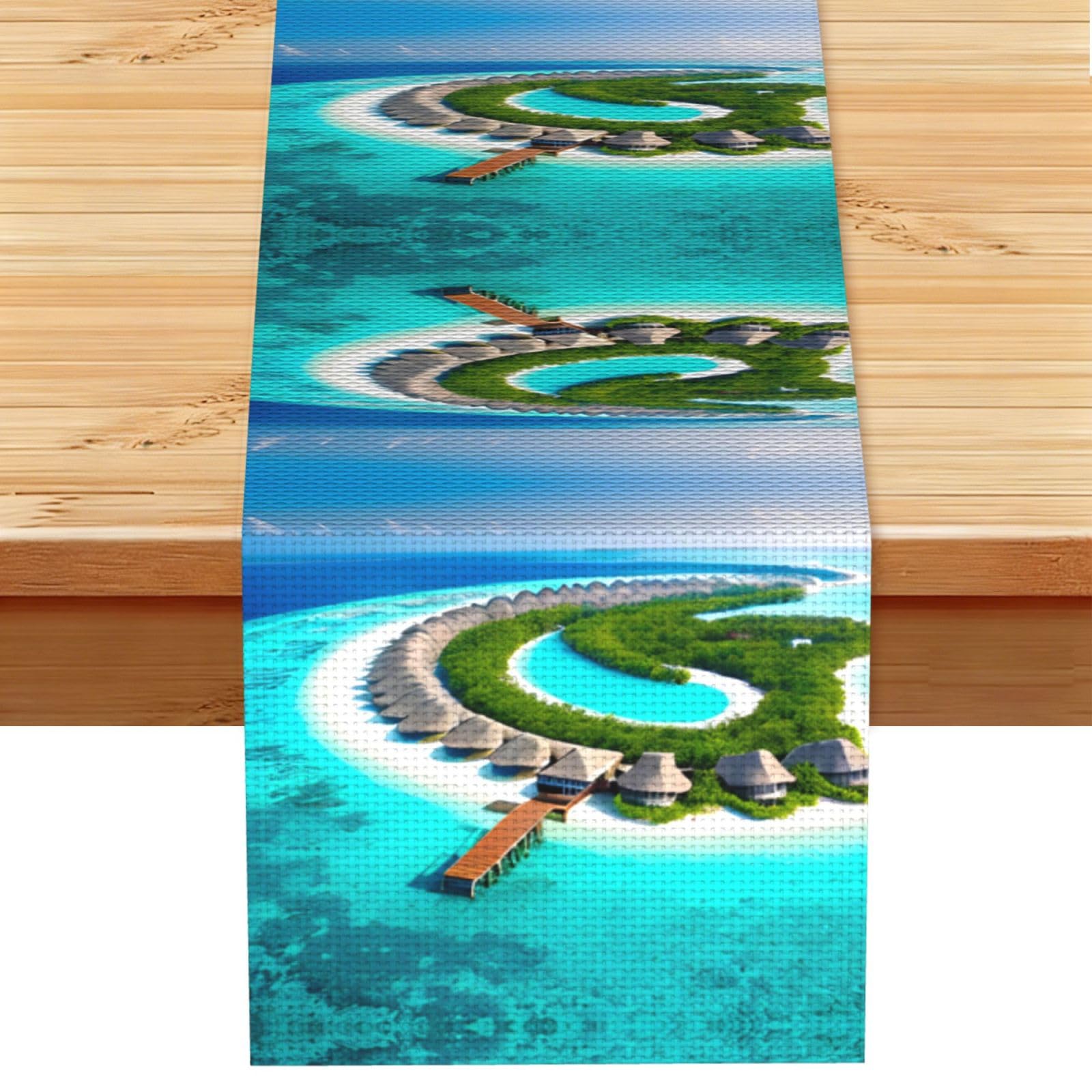 Maldives Scenery Linen Look Table Runner 13x72-Wrinkle Resistant Farmhouse Style for Dining Table Decor