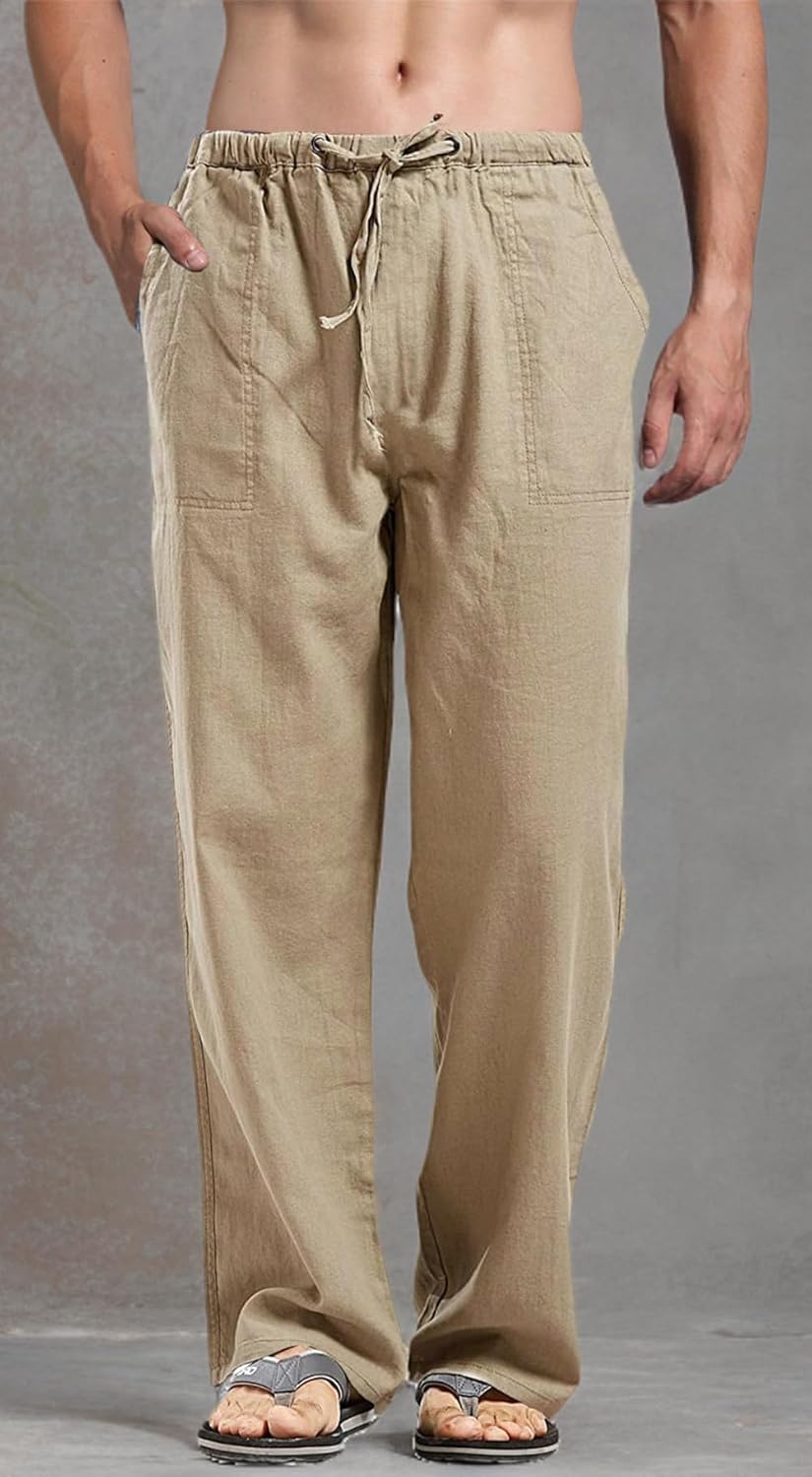 perdontoo Mens Casual Cotton Linen Pants Elastic Waist Drawstring Straight Summer Beach Pants - Image 5