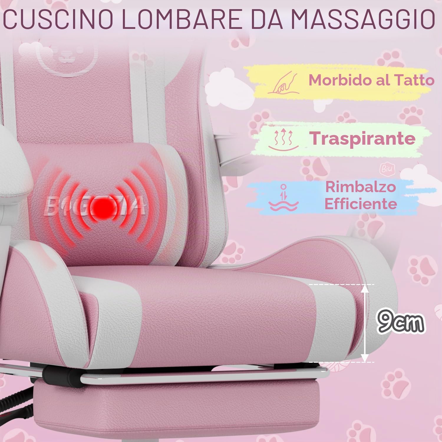 bigzzia Sedia Gaming Carina con Orecchie di Gatto, Sedia da Gioco con supporto Lombare Massaggiante, Sedia Ergonomica per Computer per Ragazza con Poggiapiedi e Poggiatesta (rosa e bianco)