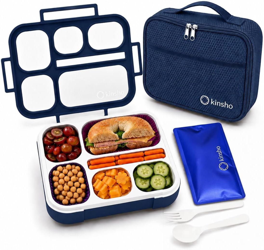 kinsho Bento Lunch Box, Ice Pack Insulated Bag for Boys, Teens, Navy Blue | 6 Compartment Leak Proof Microwave Safe Food Container, Reuseable Meal Snack Container Set Ideal for School & Work, BPA-Free