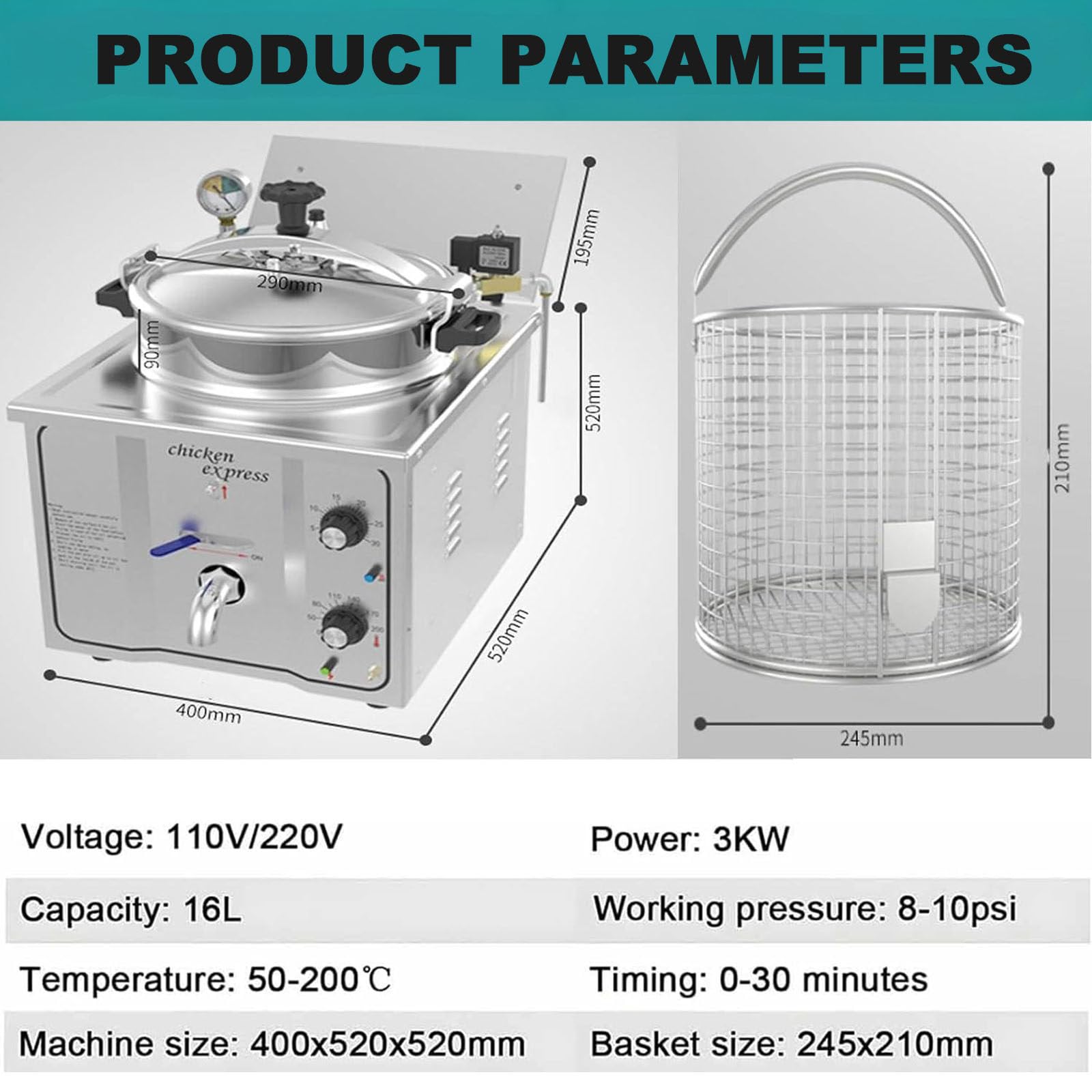 3000 W Friggitrice Elettrica Da Banco Ad Alta Pressione Per Pollo Fritto Da 16 Litri, Con Termostato, Forno Per Alimenti Prelibatezze Fritte Acciaio Inossidabile