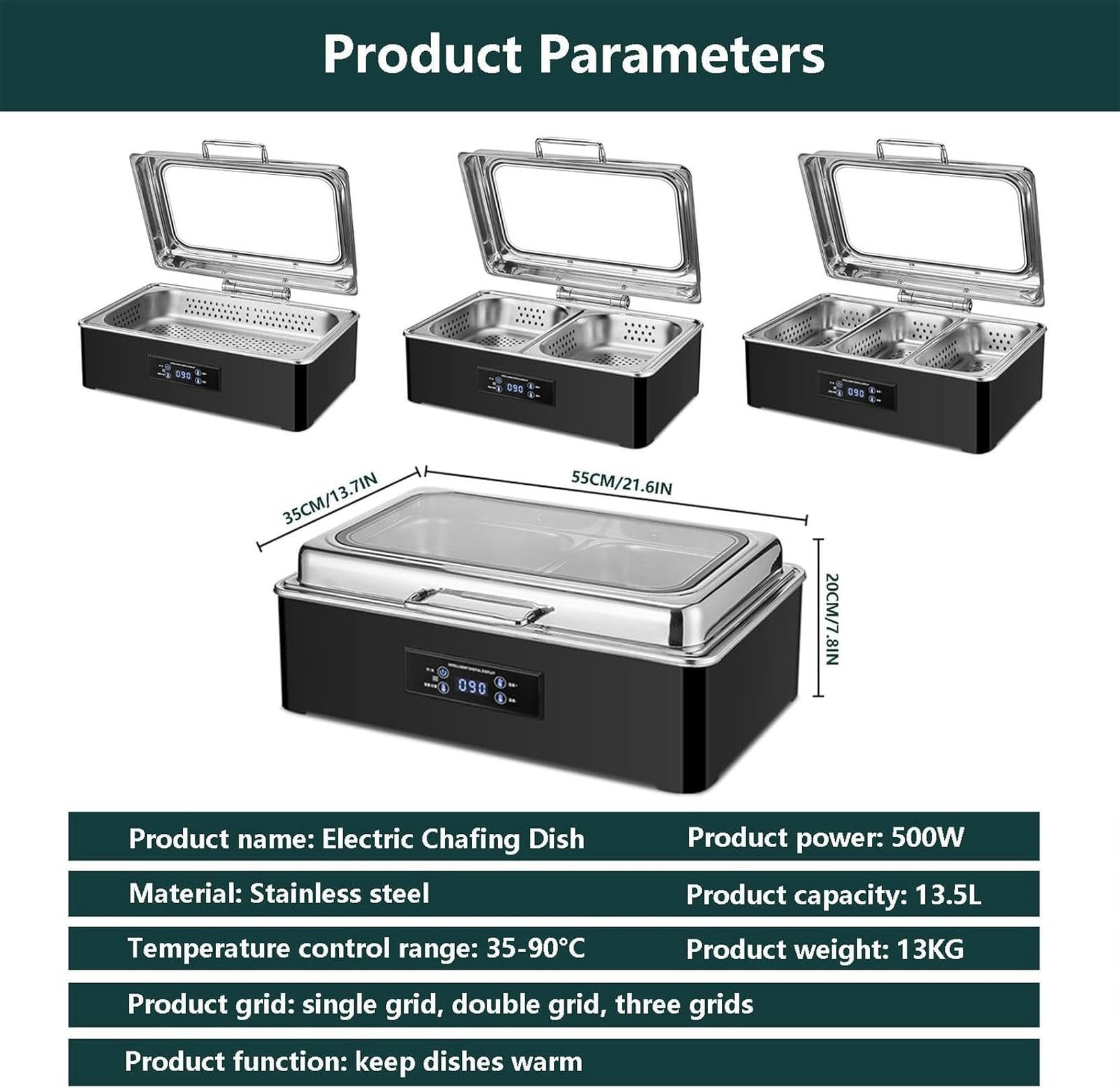 Calentadores eléctricos de alimentos para buffet, ideales para cafeterías. Calentador de acero inoxidable con tapa visible, 9 litros. Olla calentadora comercial para mantener la comida caliente.