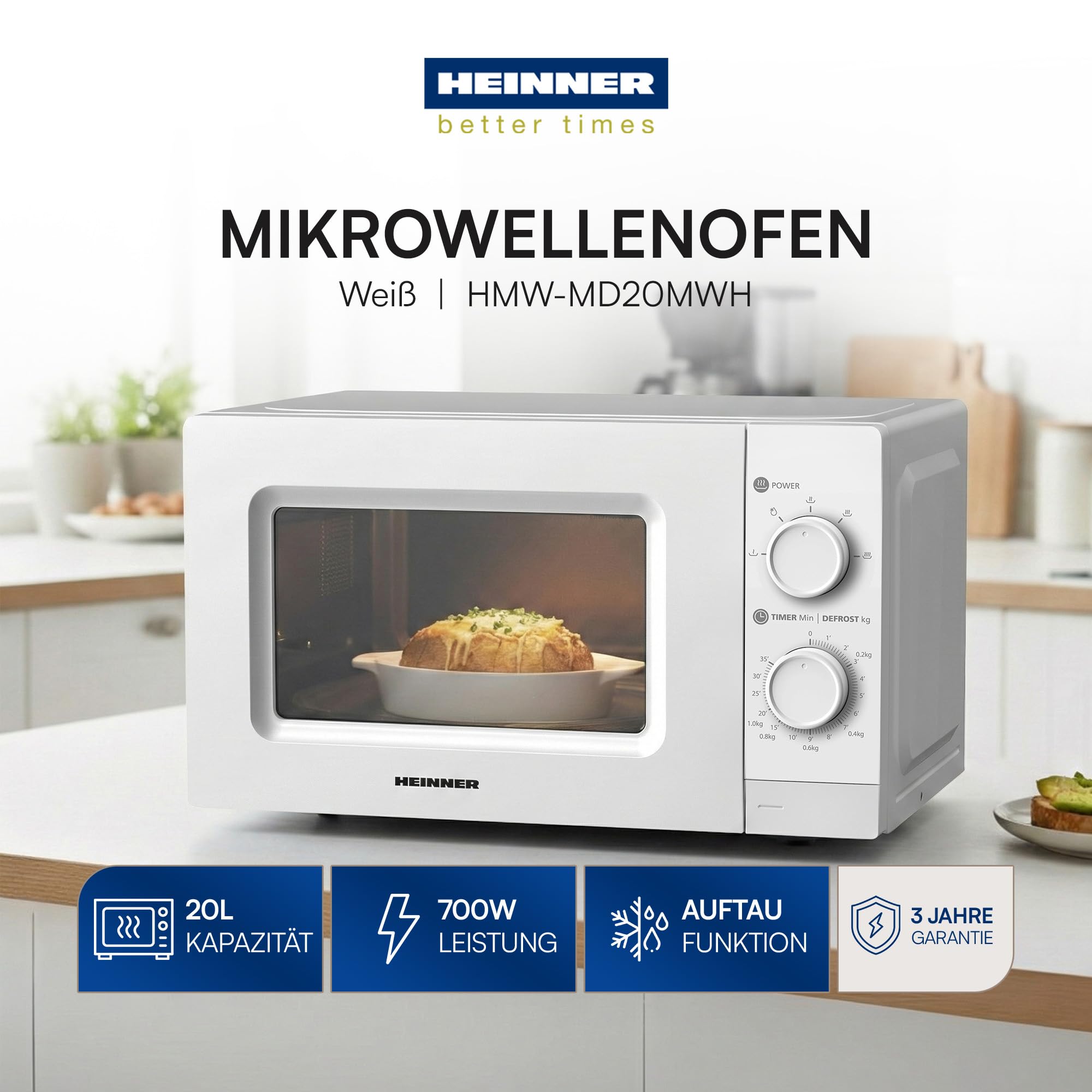 HMW-MD20MWH Mikrowelle • 20 L - 700 W, Manuelle Bedienung - 5 Leistungsstufen, Auftaufunktion - Drehregler - Weiß, 3 Jahre Garantie