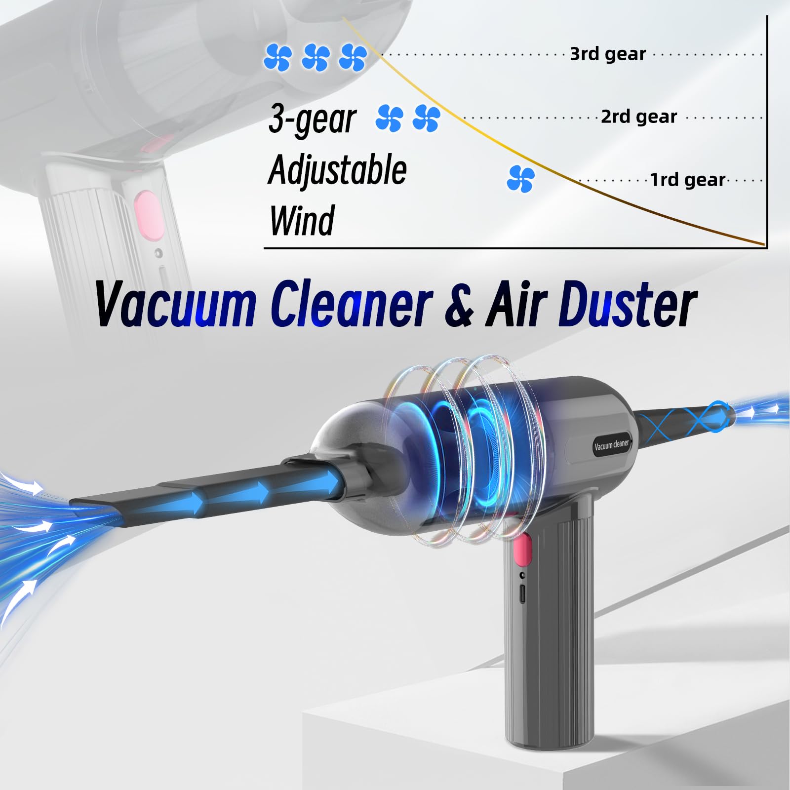 Dealswin 4 in 1 Mini Aspirapolvere per Computer 9 KPA Aspirabriciole Auto Senza Fili, 80000 Giri/Min 3-Gear Soffiatore Portatile Elettrico Rimuovi Polvere Aria Compressa per PC, Divano, Casa, Ufficio