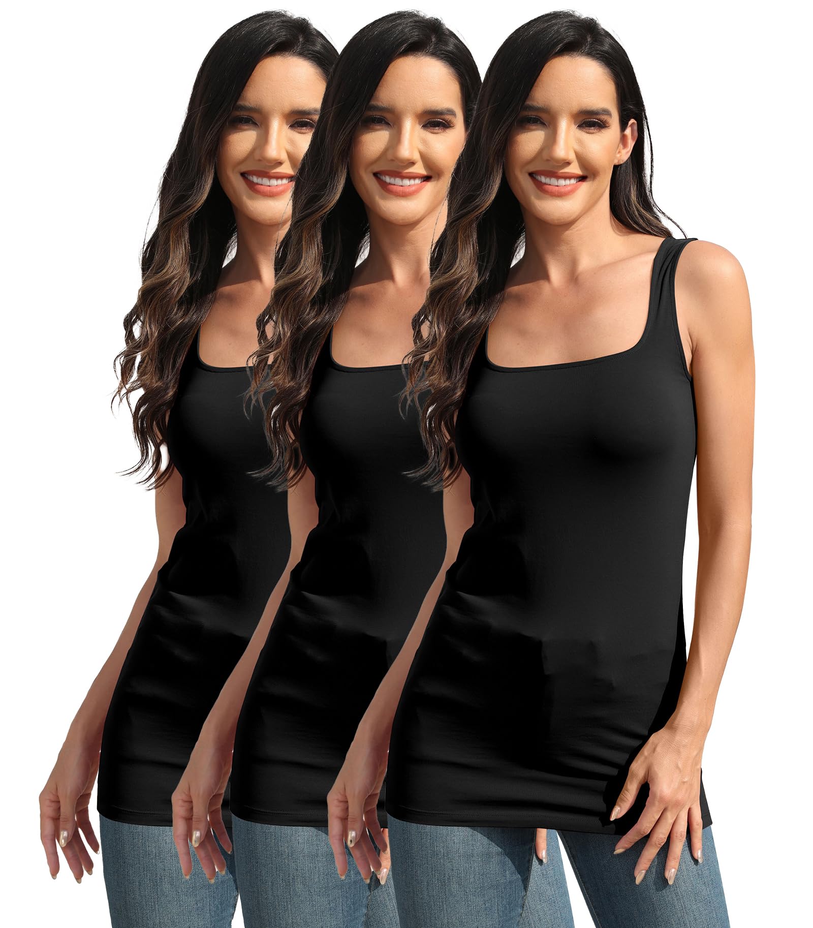 Cotton Square Neck Long Tank Tops for Women Tunic Layering Fitted Sleeveless Undershirt 3 Packs