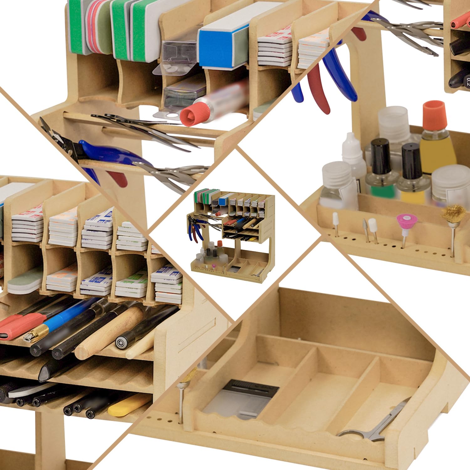 Supporto per kit di modelli in legno con materiale MDF, supporto per vernice, portacacciavite/pennello, per vernici e utensili Tamiya, GK1
