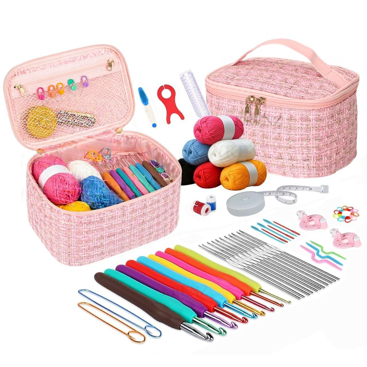 KRENZ Crochet Kit for Beginners Adults, Crochet Kits Include Yarn, 59pcs Crochet Starter Kit for Beginners Kids,Ergonomic Crochet Hooks 2.0-6.0 mm, Lace Steel Needles 0.6-1.9 mm (Pink Gold)