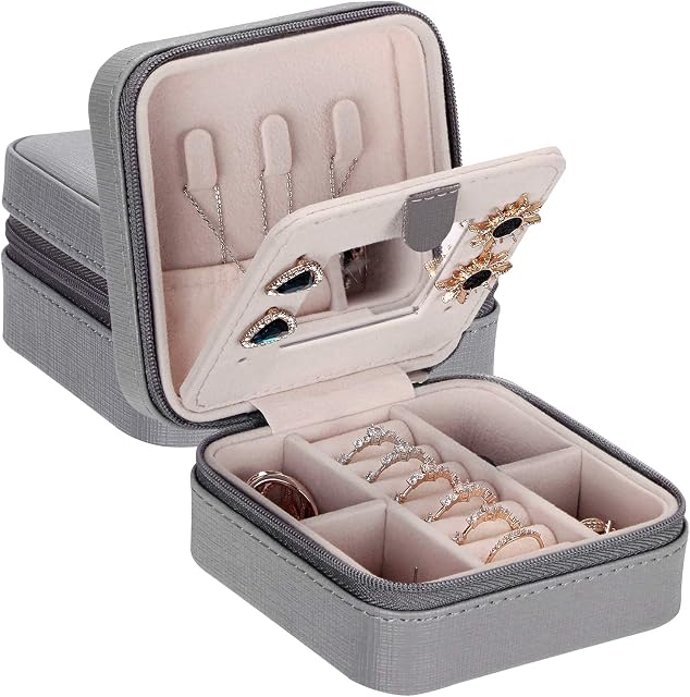 ANWBROAD Mini Travel Jewellery Box Organizer Jewelry Box Display Storage Case Small with Mirror Portable for Rings Earrings Necklace Bracelets Earrings Rings Gift for Girls Women Faux Leather