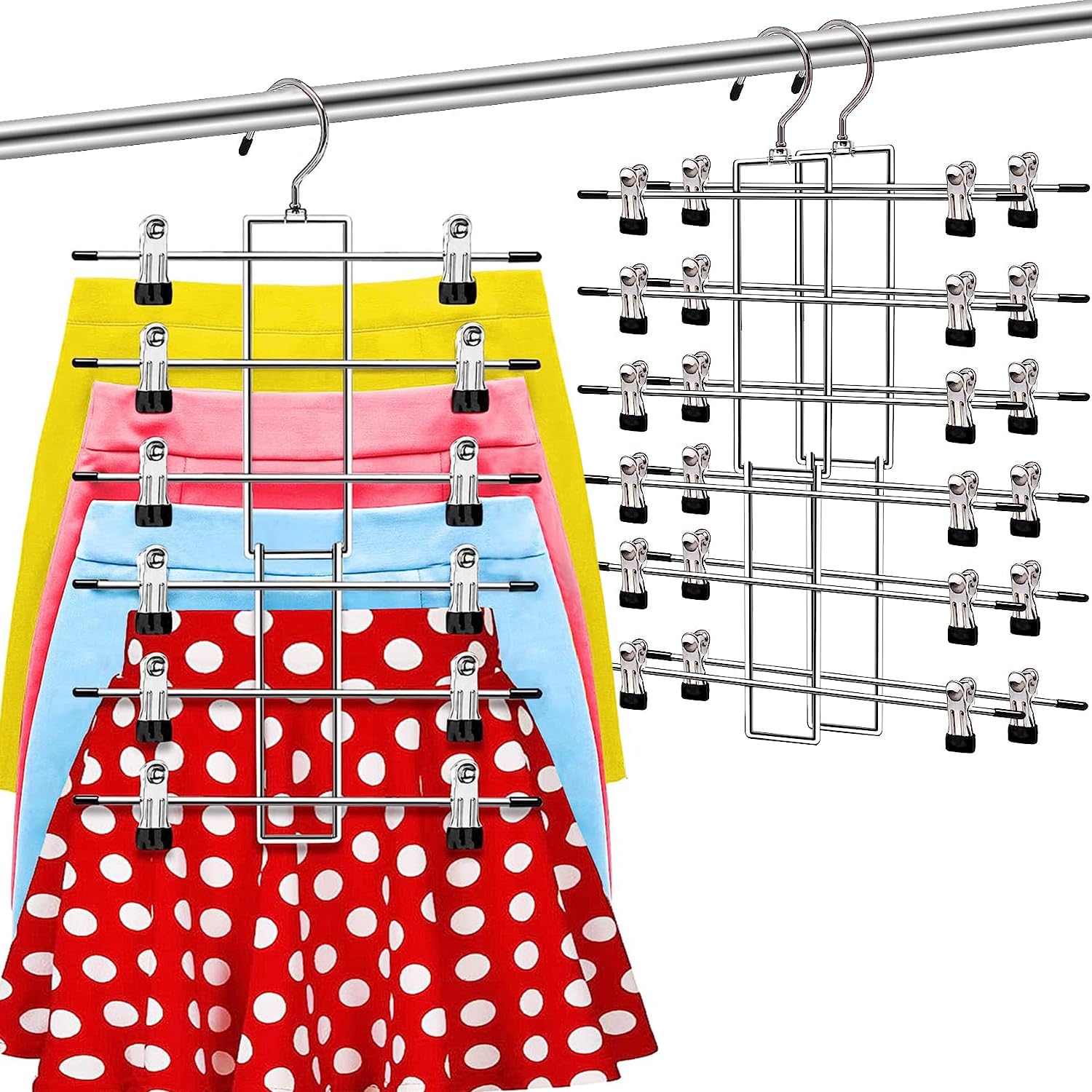 Angju 3 Pack Space Saving Pants Hangers with Clips, 6 Tier Closet Organizers, Heavy Duty Metal & Rubber, Perfect for Pants, Jeans, Trousers & More