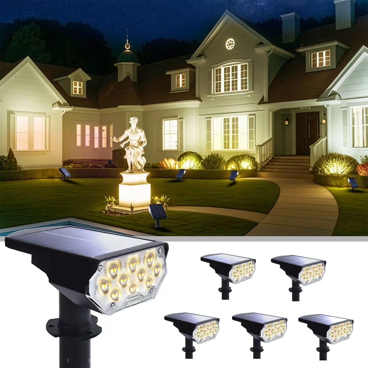 6 Pack Solar Spot Lights Outdoor Waterproof, 20 LEDs Bright Landscape Spotlights Dusk to Dawn, Warm White Adjustable Uplights for Yard Tree House Garden Wall Pathway, IP65