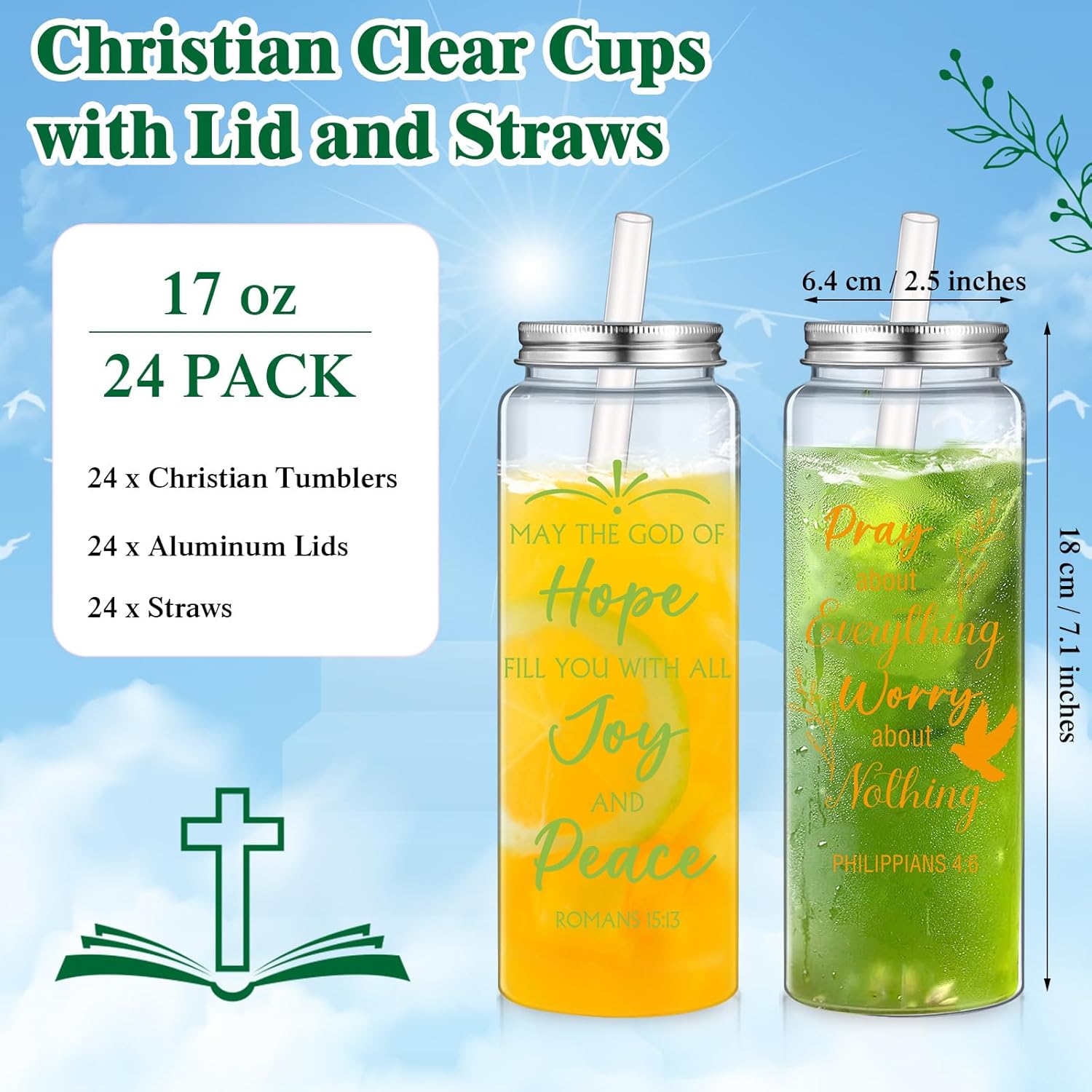 Skylety 24 Pcs Christian Gifts for Women 17 oz Large Inspirational Bible Verse Cups with Lids Straws Valentines Day Plastic Drinking Cups Reusable Acrylic Skinny Tumbler for Coworker Teacher Nurses - Image 2