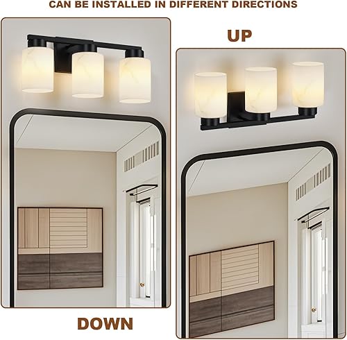 Miniatura 5 de Lámparas de baño de 3 luces, luces modernas de tocador, lámpara de pared de metal negro con vidrio artístico hecho a mano para baño, espejo, sala de