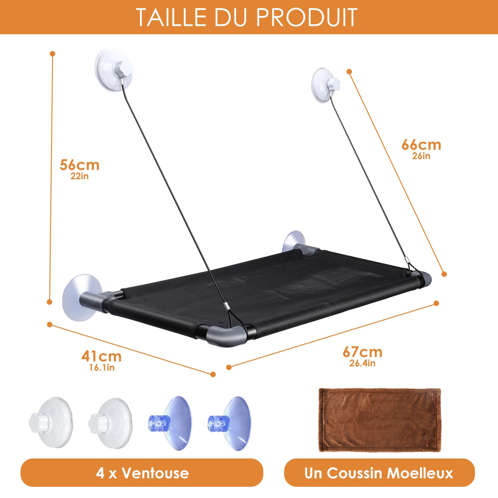 Zvonema Hamac Chat Fenetre jusqu'à 10kg, Hamac pour Chat avec Ventouse Puissante, Couverture Marron & Cadre en Acier Inoxydable, Facile à Installer Supporte,67 x 38 cm