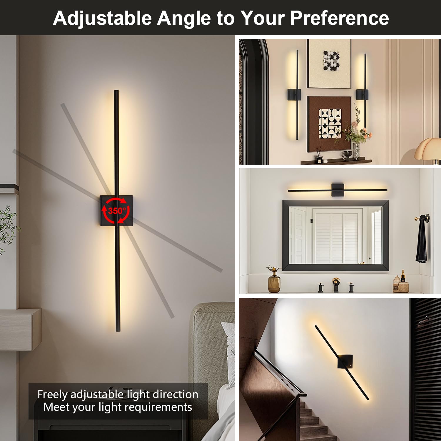 2 Piezas Apliques de Pared LED Sin Cable, USB Recargable Lámpara de pared con Mando y Control Táctil, 6000mAh Batería Luz de Pared Regulables, 350° Giratorio, para Sala de Estar Dormitorio, Negro 80CM