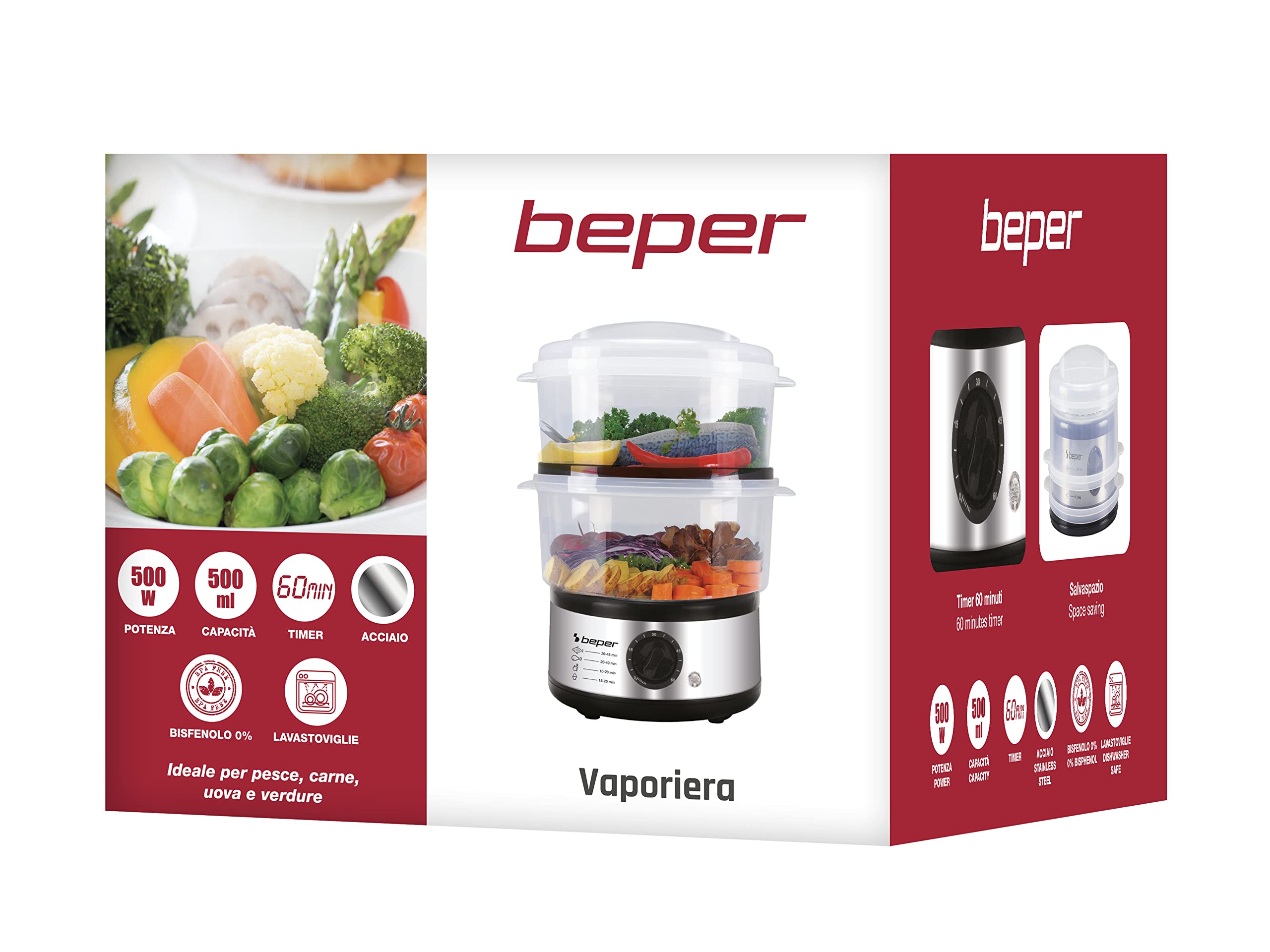BEPER BC.261 Cuiseur Vapeur 5 Litres avec Minuteur Électrique Sans BPA