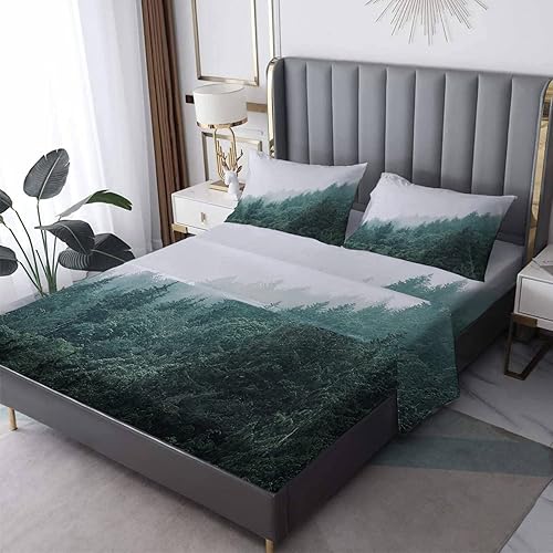 Sábanas de bosque para cama de tamaño Queen, sábanas y fundas de almohada, 4 piezas, juego de sábanas de microfibra suave con bolsillo profundo de