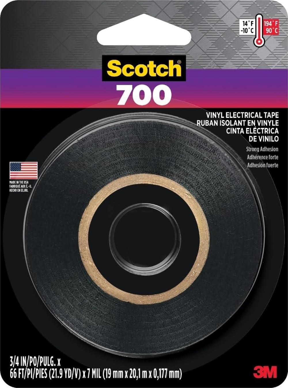 3M 700 Electrical Tape, 3/4 in x 66 ft x 7 mil, Vinyl Insulating Tape for Excellent Mechanical Protection, for Primary Insulation Up to 600V, for Indoor and Outdoor Use (03429NA)