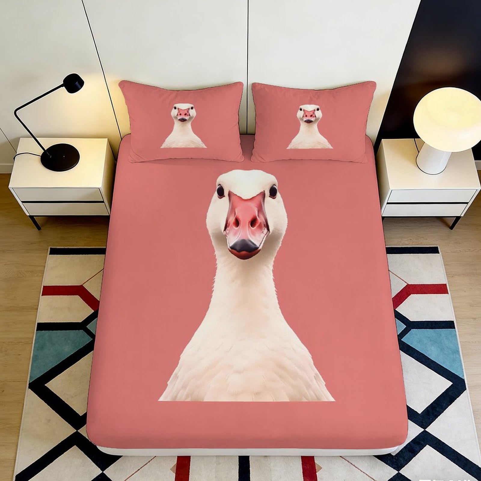 3D Printed White Goose Fitted Sheet Microfiber Pink Cartoon Duck Mattress Cover for Bedroom Dorm Decor Easy Care 90x200x25cm