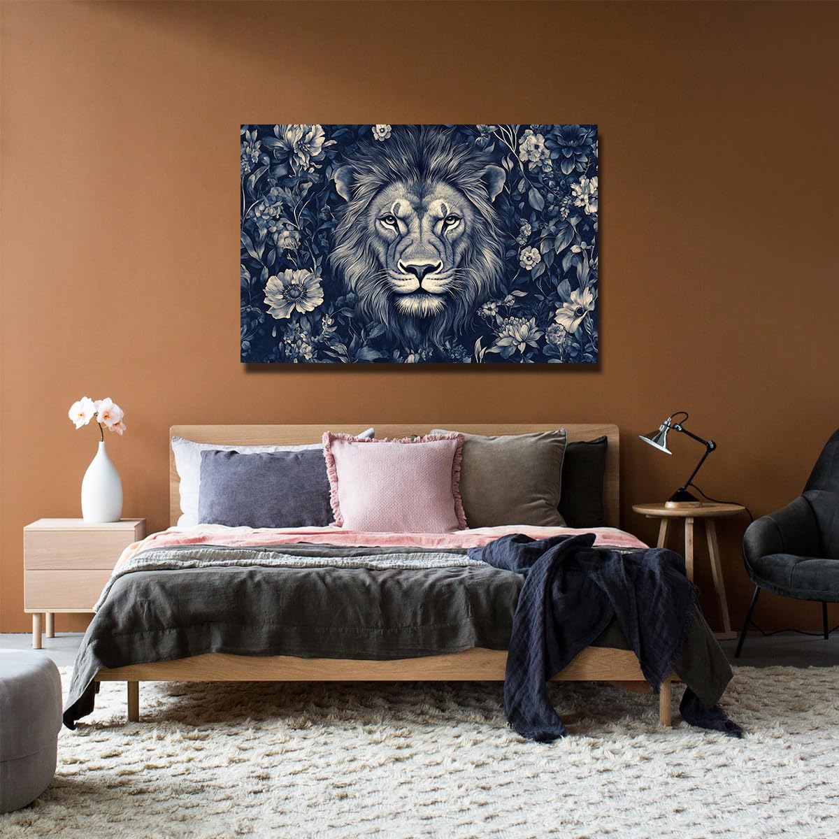 Gran arte mural León en lienzo Decoración animal botánica salón 65x100cm