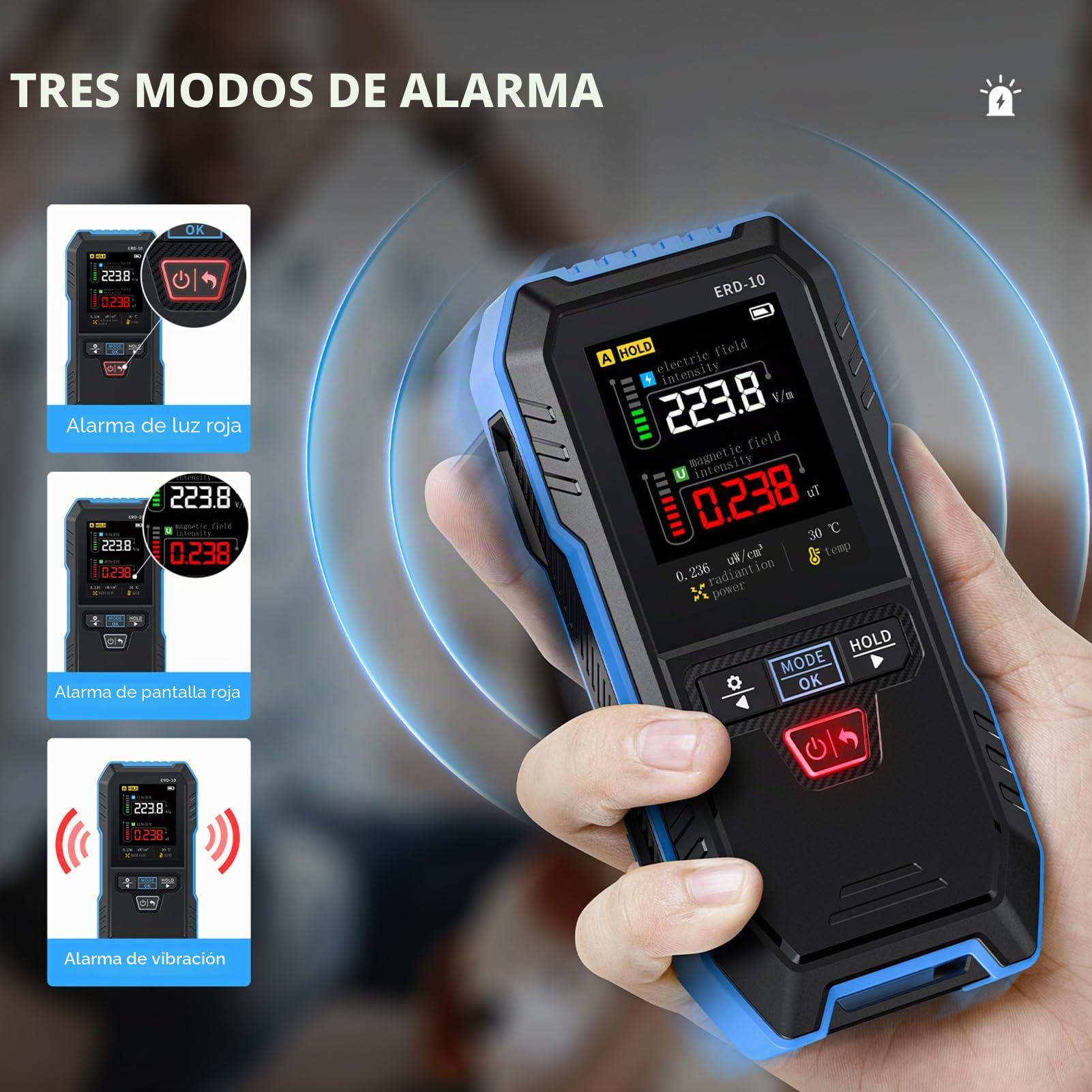 EMF Medidor radiacion electromagnetica 3 en 1 Medidor campo electromagnetico EF MF RF Alarma automática en caso de exceder la norma TFT Pantalla para el hogar, la habitación de los niños.