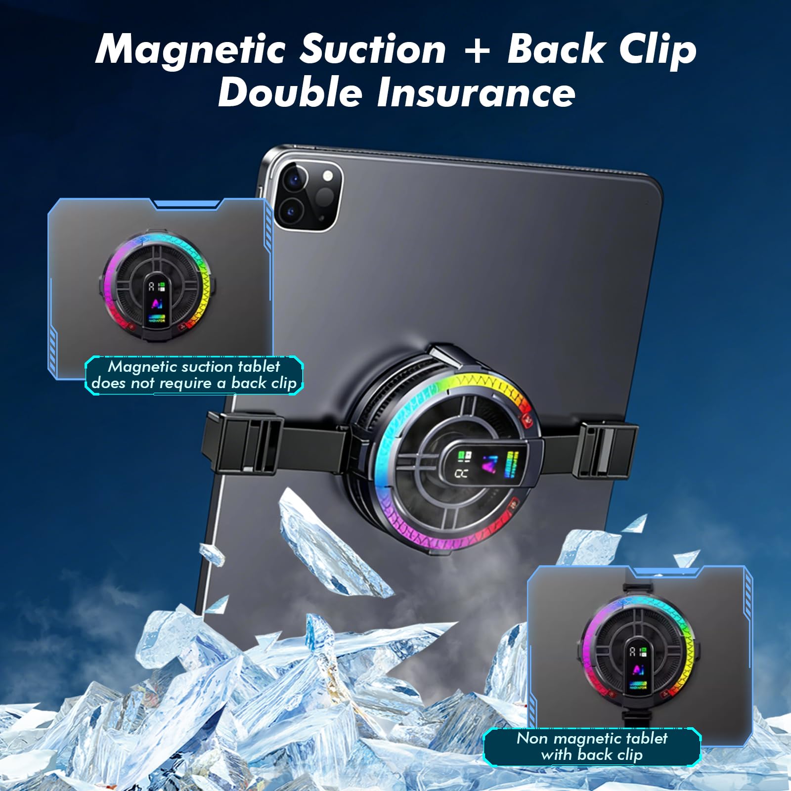 Refrigeratore magnetico per tablet con 4 modalità di raffreddamento e luce RGB, display digitale, dispositivo di raffreddamento per telefono a semiconduttore per iPad, tablet, prevenzione del