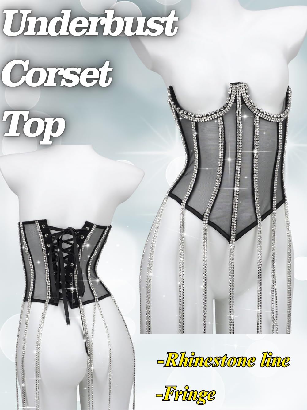 Rhinestone Fringe Underbust Corset Belt,Sexy Mesh Sheer Chain Top,Waist Corsets For Women Exotic Rave