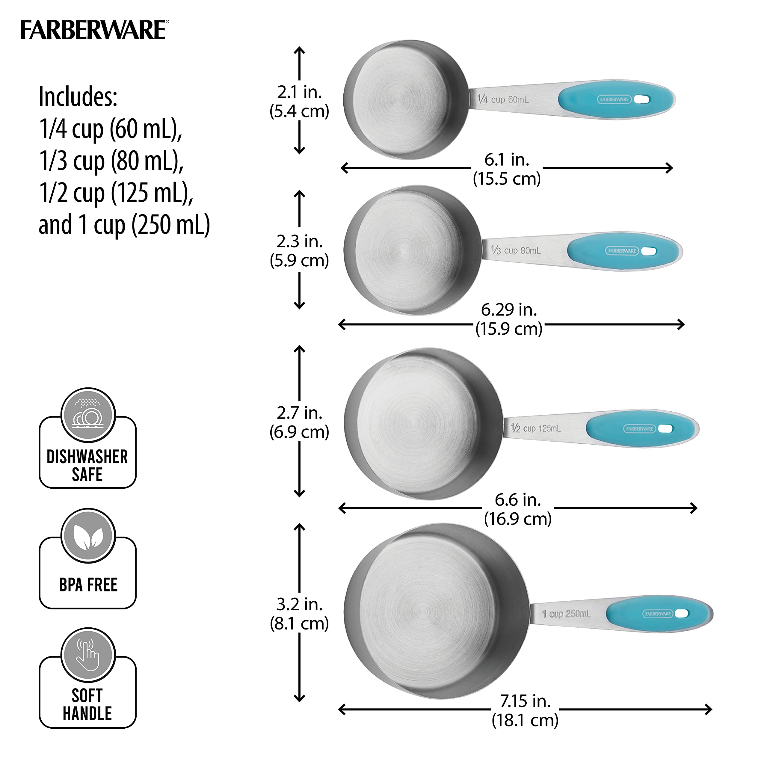 Farberware Pro Soft Stainles Steel Measuring Cups, 4-Piece, Aqua