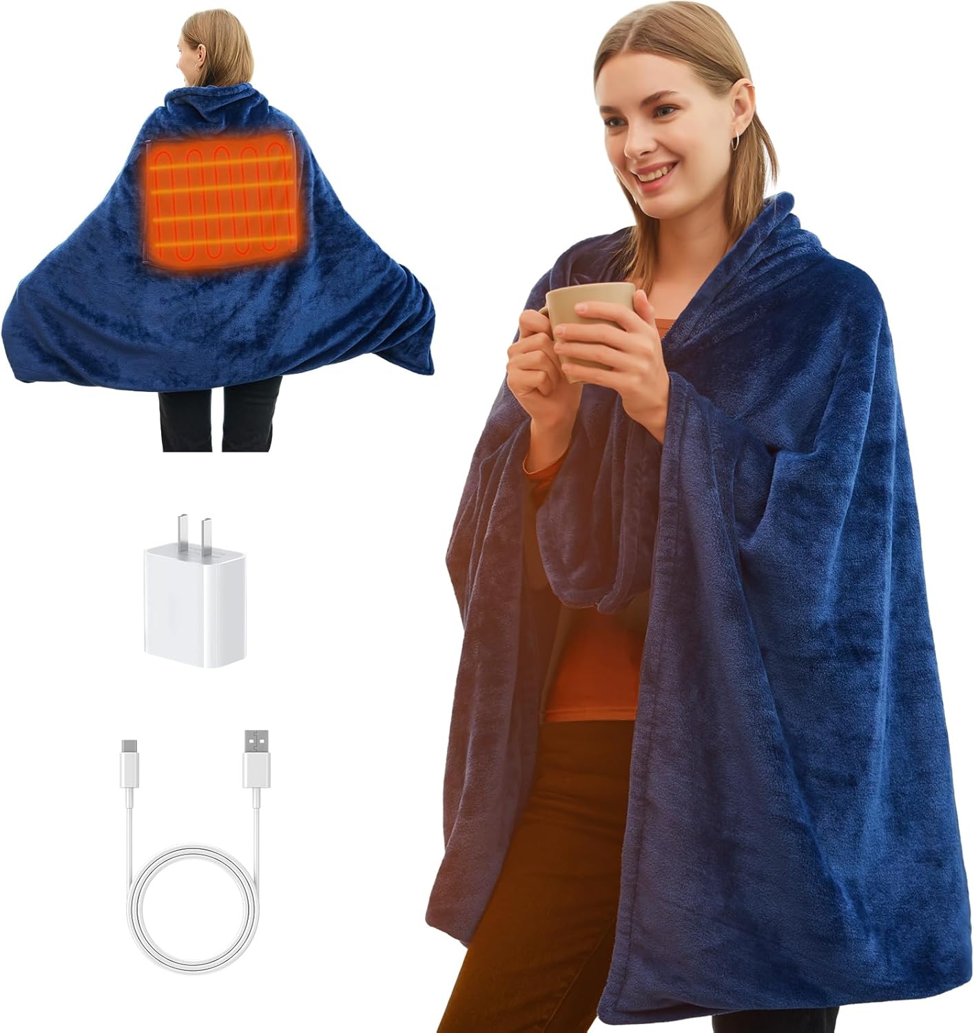 USB Heated Blanket, Cordless Electric Blanket Throw 3 Heating Levels, Portable Car Blanket with Pocket for Camping, Outdoor, Office, Travel, Home, 58"x 38" (Battery Not Included) Navy
