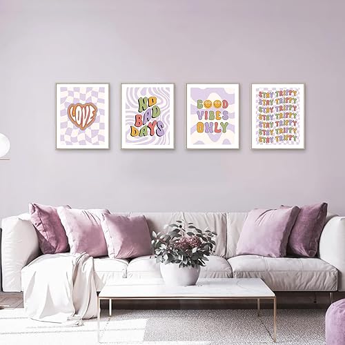 Miniatura 6 de YIXIHOMPT Arte de pared inspirador retro Groovy, juego de 4 impresiones psicodélicas estilo bohemio hippie vintage en tonos pastel de los años 70 y