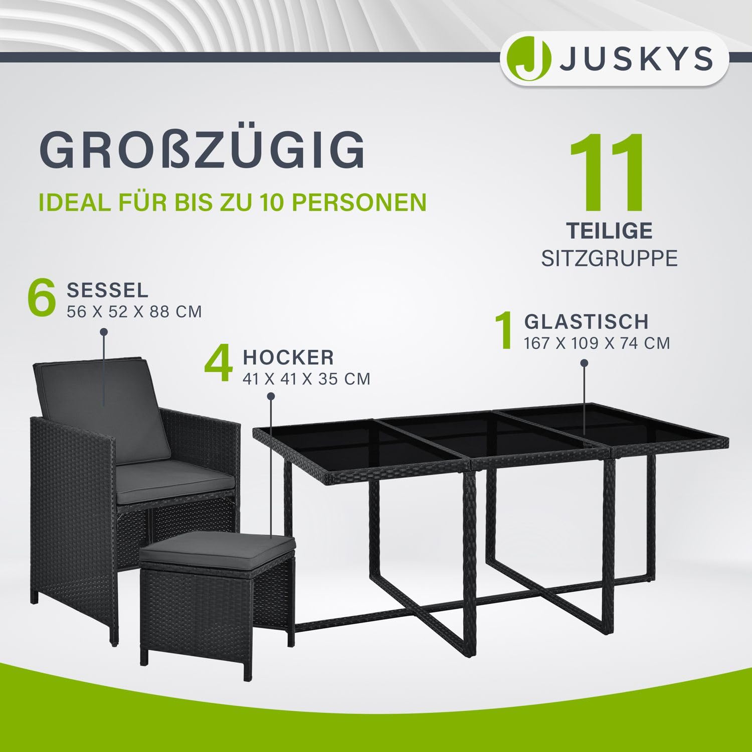 Juskys Polyrattan Sitzgruppe Baracoa XL 11-teilig wetterfest & stapelbar - 6 Stühle, 4 Hocker, Tisch mit Glasplatte & Kissen - 10 Personen - Gartenmöbel Set für Garten & Terrasse