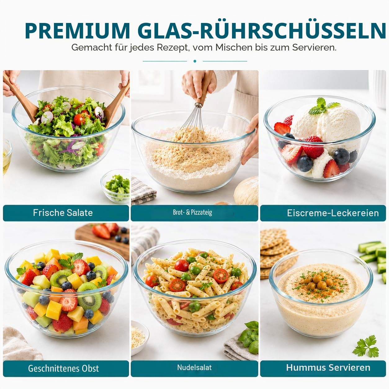 Luvan Glasschüssel mit Deckel 3er-Set (4.2 L,2.5 L,1 L), Große Rund Salatschüsseln für die Küche, ideal zum Aufbewahren von Lebensmitteln, Kochen, Backen, Vorbereiten, Spülmaschinenfest